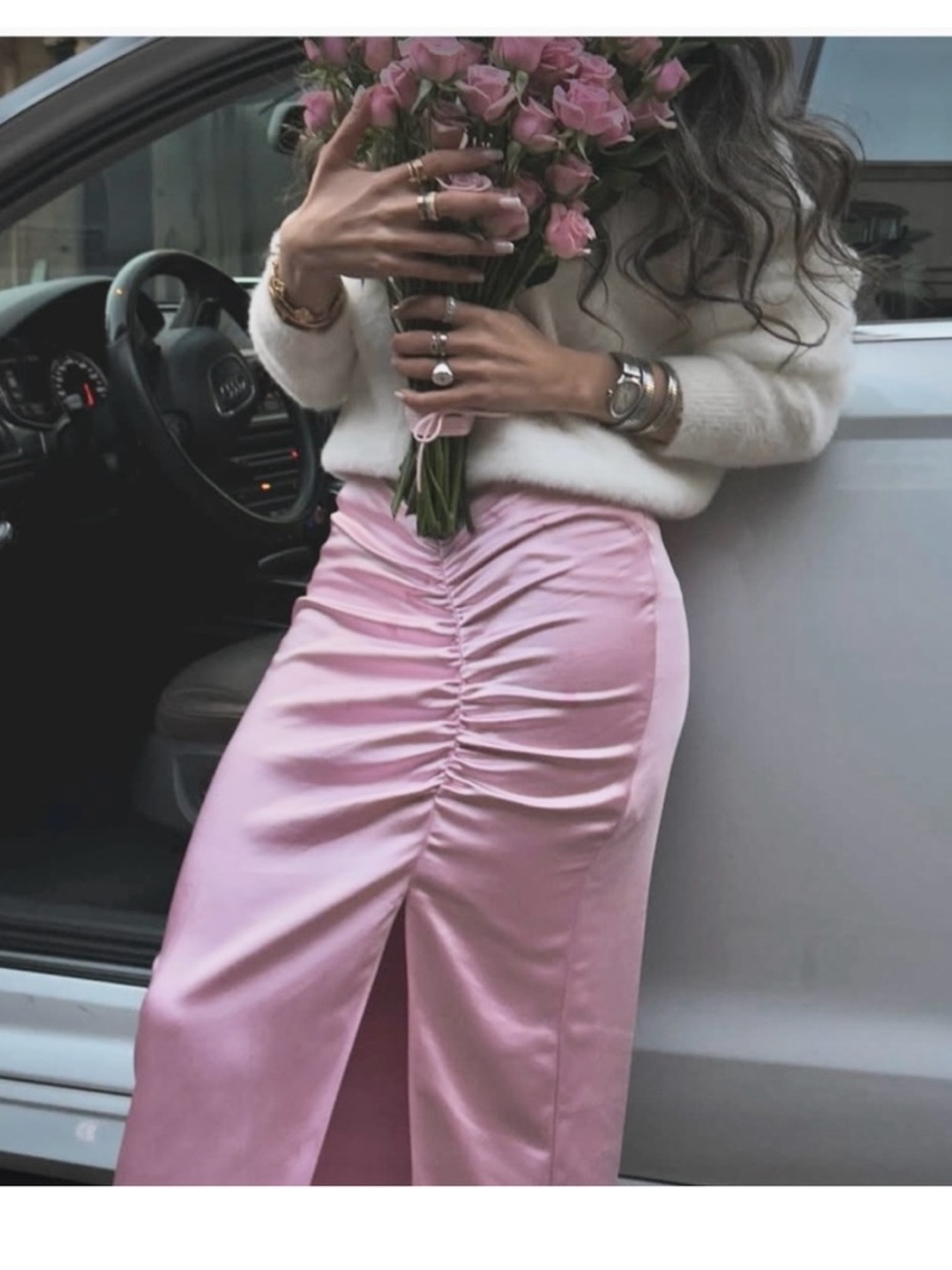 Zara pastel pink satin effect ruched skirt with front slit